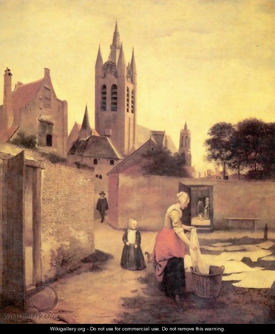 A woman and a child on a bleaching meadow - Pieter De Hooch