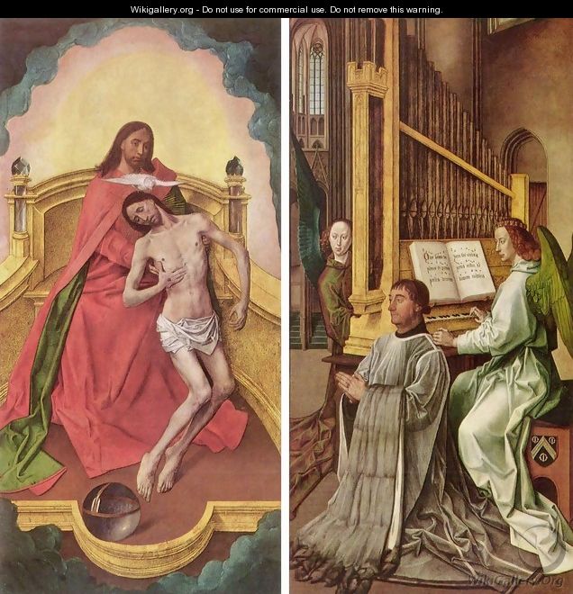 Sir Edward Boncle (Founder, portrait on the right panel) in adoration of the Trinity (left panel) - Hugo Van Der Goes