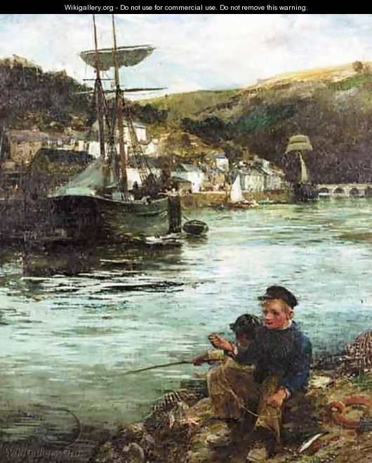 Boys Fishing In Looe Harbour - Robert Reid