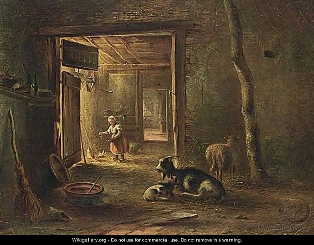 A Stable Interior With A Little Girl Feeding The Chickens - Bernardus Gerardus Ten Berge
