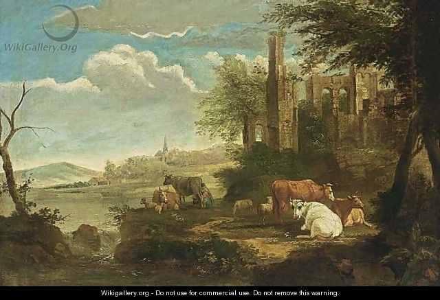 Cows Resting In A Classical Landscape - (after) Dirck Van Bergen