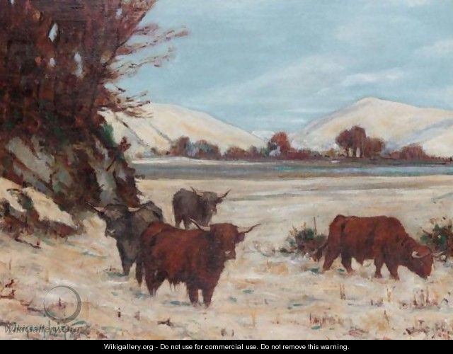 Snowy Landscape With Highland Cattle - Tomson Laing