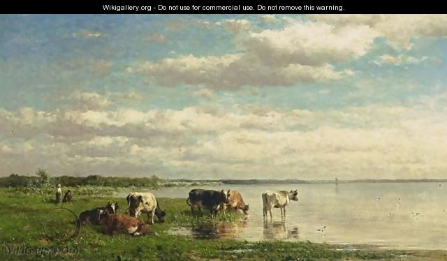Watering Cows In A Summer Landscape - Willem Roelofs