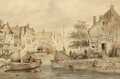 A Town View With Figures By A Canal - Salomon Leonardus Verveer