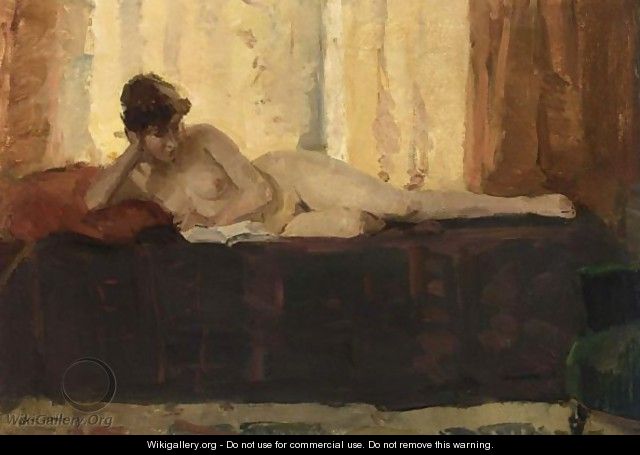 A Female Nude Reading On A Bed - Isaac Israels