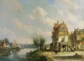 A View Of A Dutch Town With Figures By A Vegetable Stall - Charles Henri Leickert