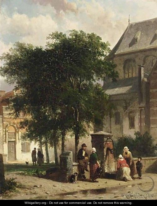 Figures Behind The Church, Woerden - Cornelis Springer