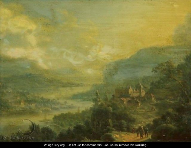 Travelers In An Extensive River Landscape With Castle - Johann Christian Vollerdt or Vollaert