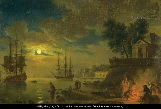 Figures In A Harbor By Night - (after) Claude-Joseph Vernet