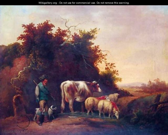 A Drover With Sheep And Cattle Watering In A Stream - George Morland