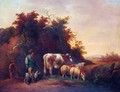 A Drover With Sheep And Cattle Watering In A Stream - George Morland