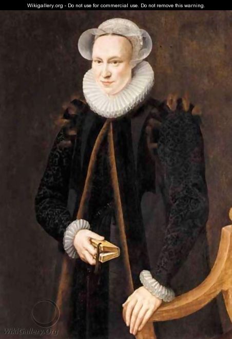 A Portrait Of A Lady, Three-Quarter Length, Wearing A Black Coat And A White Ruff, Holding A Book - Adriaen Thomasz. Key