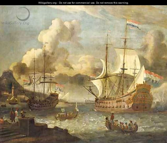 A Mediterranean Port Scene With Two Dutch Vessels At Anchor - (after ...