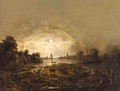 A River Landscape By Moonlight With Cattle In The Foreground And Shipping Beyond - (after) Aert Van Der Neer
