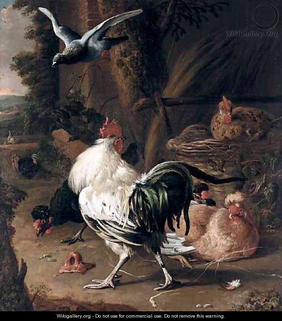 A Farmyard Scene With A Cockerel, Hens, A Pigeon And A Turkey - (after) Melchior De Hondecoeter