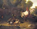 A Farmyard Scene With Chickens, Mallard Ducks And Other Birds, A Cottage Beyond - (after) Adriaen Van Oolen
