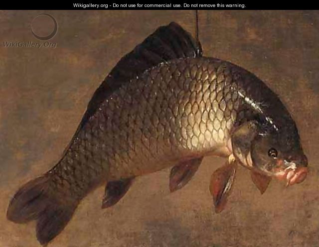 A Still Life With A Carp Hanging From A Piece Of String - Pieter de Putter