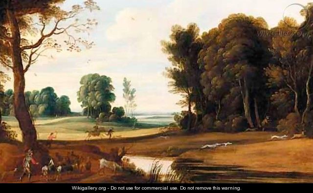 A Wooded Landscape With A Shepherd And His Goats On A Path And Hunters With Their Dogs Chasing A Hare - (after) Marten Ryckaert