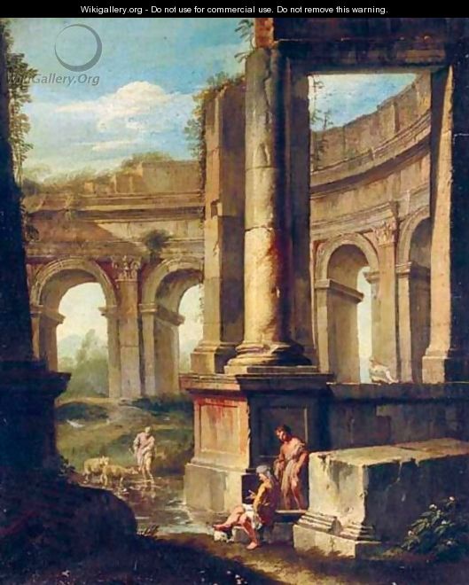 An Architectural Capriccio With Figures Amongst Ruins - (after) Andrea Locatelli