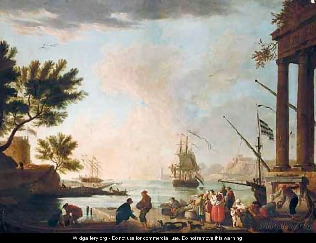 A Southern Harbour Scene With Figures Loading A Boat In The Foreground - (after) Claude-Joseph Vernet