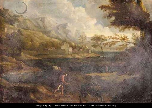 A River Landscape With A Figure And A Donkey On A Path In The Foreground - Venetian School