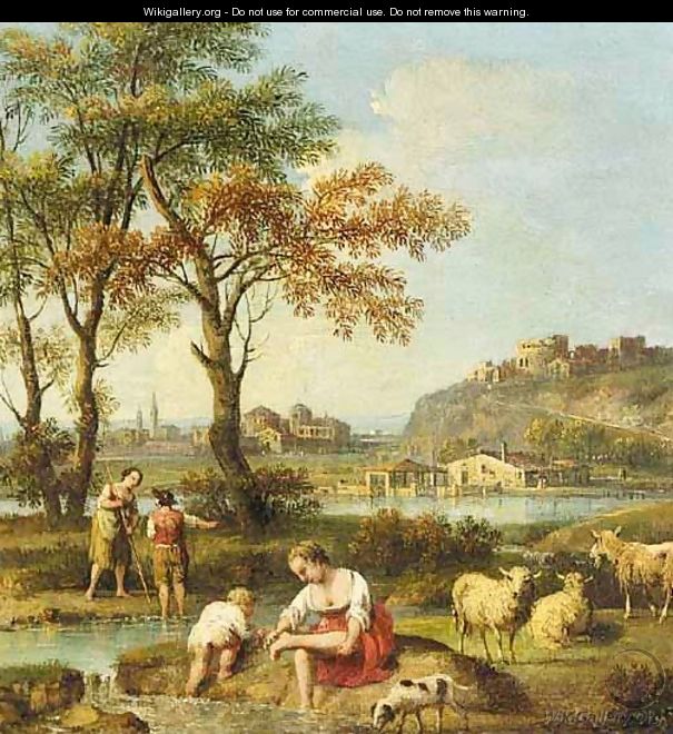 An Italianate Landscape With Figures Washing In A River - Giovanni Battista Tiepolo