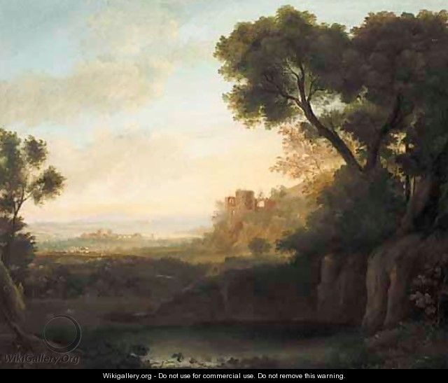 An Italianate Landscape With A Shepherd And His Flock Before Ruins, The Sea Beyond - Italian School