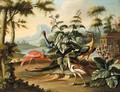 Exotic Birds In An Extensive Landscape With A Watermill - French School