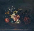 A Still Life With Chrysanthemums, Peonies, Morning Glory And Narcissi, In A Gilt Urn, Upon A Stone Ledge - (after) Jean-Baptiste Monnoyer