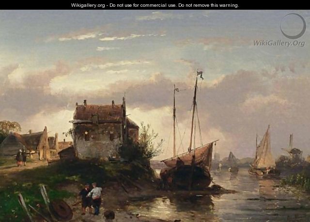 A Town By A River At Dusk - Charles Henri Leickert
