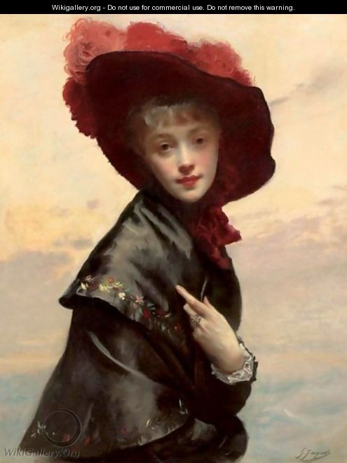 Portrait Of A Young Woman In A Black Hat And Red Feathers - Gustave Jean Jacquet