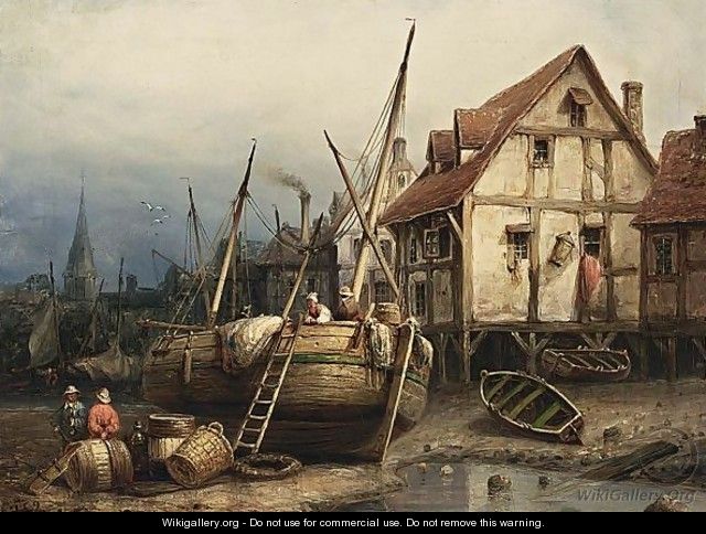 Figures In A Harbour At Low Tide - Eduard Hildebrandt