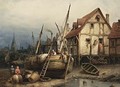 Figures In A Harbour At Low Tide - Eduard Hildebrandt