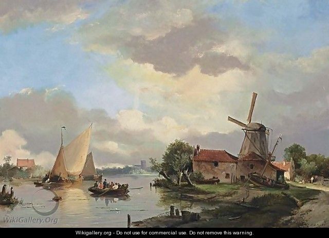 A Summer Landscape With Ships In A Waterway - Adrianus David Hilleveld