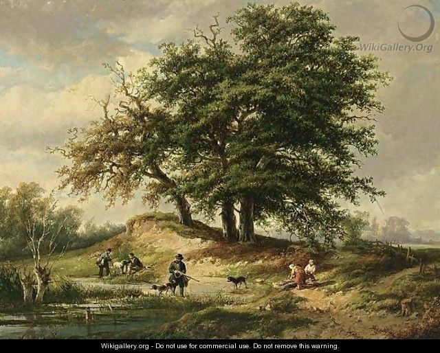 Huntsmen In A Wooded Landscape - Adrianus Henrikus De Bruine