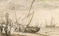 Fisherfolk Hauling Their Boat Onto The Shore, With Shipping Behind And A Tower To The Left - Adam Willaerts