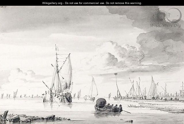 Various Ships And A Rowing Boat On An Estuary - Wigerus Vitringa