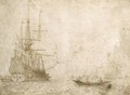A Man-Of-War At Sea, With A Rowing Boat In The Foreground And Other Ships Behind - Willem van de, the Elder Velde