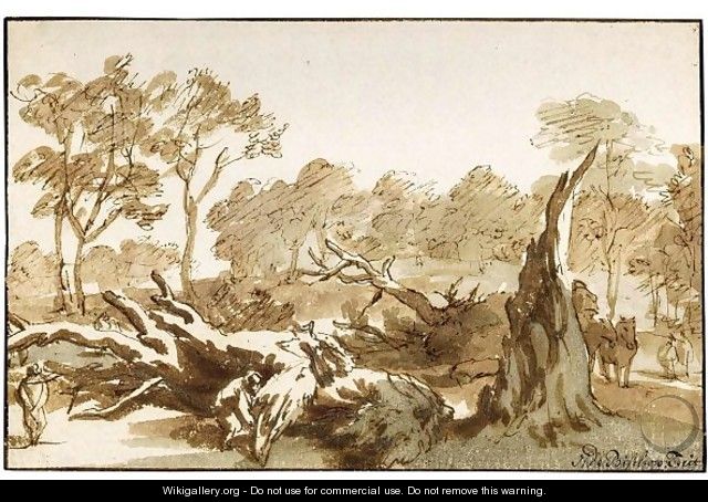 Riders And Figures By A Fallen Tree In The 