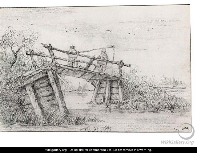 Two Figures Fishing From A Bridge Over A Stream - Maerten Fransz van der Hulst