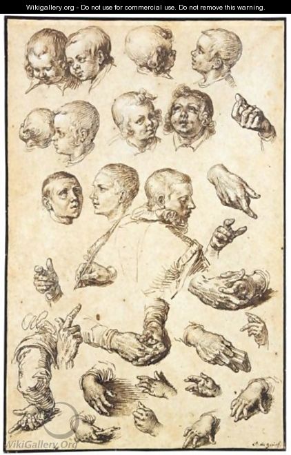 Sheet Of Studies Of Heads, Arms, Hands And A Youth Seen From Behind - Jacques de Gheyn