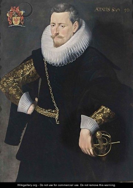 A Portrait Of A Bearded Gentleman, Aged 40, Standing Three-Quarter Length, Wearing A Black Costume With Gilt-Embroidered Sleeves, A White Lace Collar And Cuffs With A Golden Chain, With A Sword - Flemish School