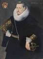 A Portrait Of A Bearded Gentleman, Aged 40, Standing Three-Quarter Length, Wearing A Black Costume With Gilt-Embroidered Sleeves, A White Lace Collar And Cuffs With A Golden Chain, With A Sword - Flemish School
