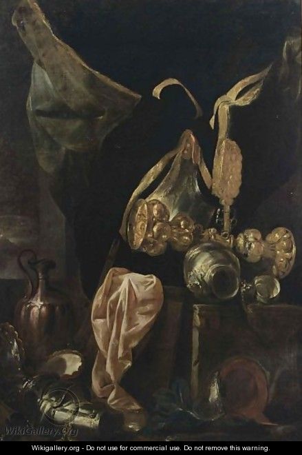 A Still Life With Armour, A Silver-Gilt Cup, A Copper Jug, A Silver Bowl And A Pink Cloth - (after) Peeter Boel