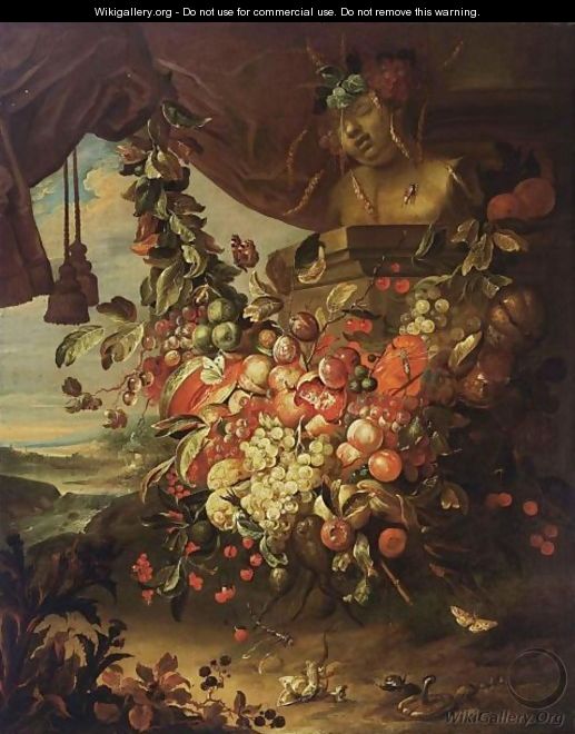 Still life with fruits, a bust of the infant Bacchus, a draped curtain and a river landscape beyond - Flemish Unknown Masters