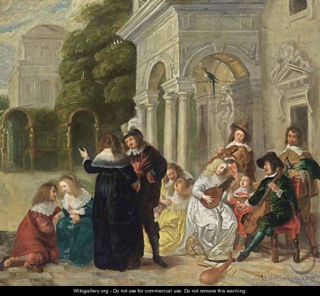 A Courtyard With An Elegant Company Making Music And Conversing - (after) Hieronymus Janssens