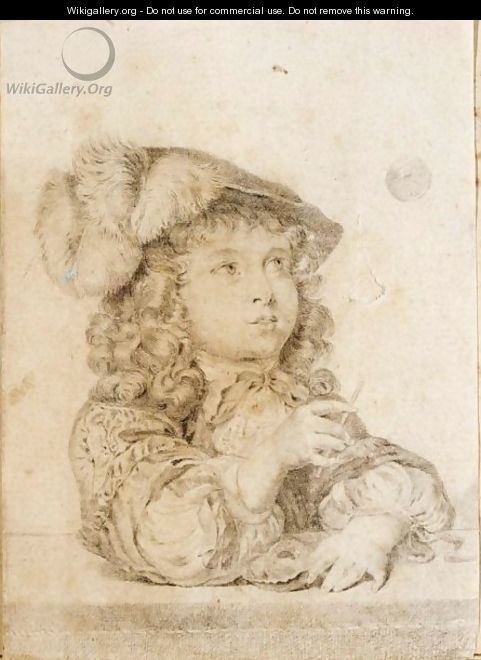 A Boy In A Hat Blowing Bubbles - Dutch School