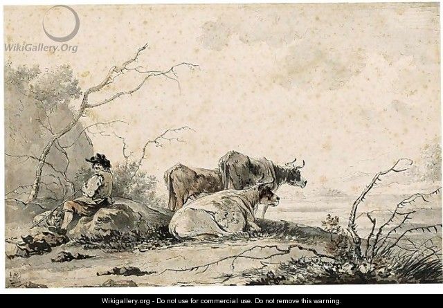 Landscape With Herdsman And Cows Resting - Jacob van Strij