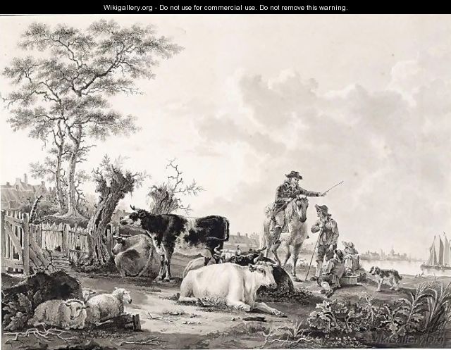 River Landscape With A Rider Conversing With A Shepherd, And Cows And Sheep In The Forground - Jacob van Strij