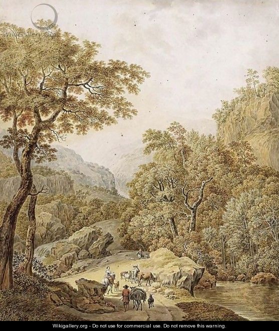 An Extensive Mountainous Landscape With Waterfalls And Peasants With Their Flocks On A Path, After Jan Hackert - Daniel Dupre